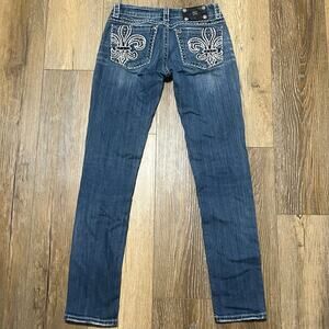 Miss Me Skinny Jeans Fleur De Lis Rhinestone Y2K Women 27x31 Bling Cowgirl Biker